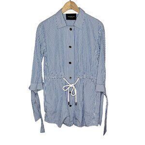 Lafayette 148 Blue White Striped Cotton Button-Down Cinched Waist Shirt Dress S